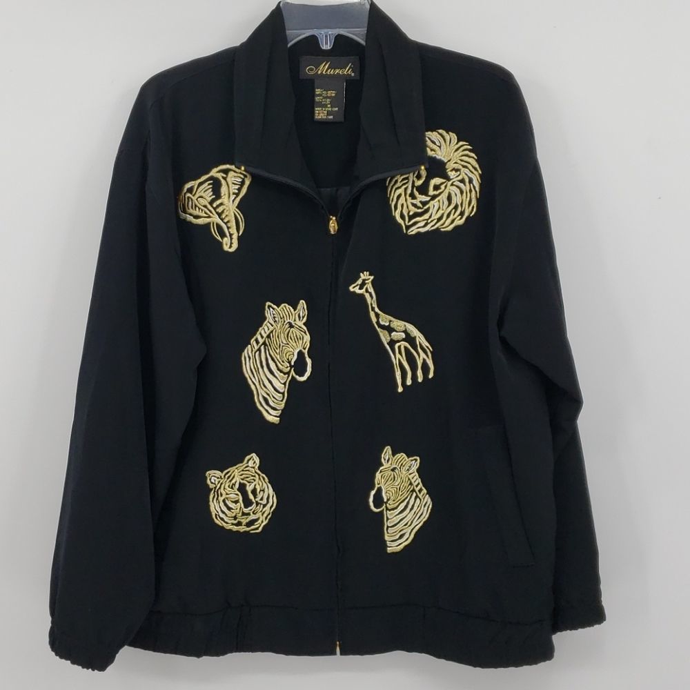 MURELI black full zip jacket with gold safari appliqué women’s Medium